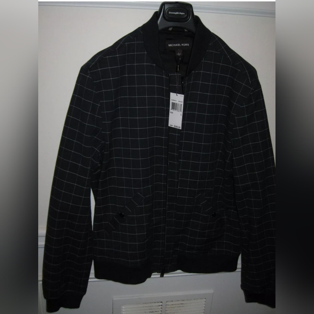 MICHAEL KORS MIDNIGHT MEN'S NAVY WINDOWPANE BANDED COLLAR JACKET SIZE L NWT $395